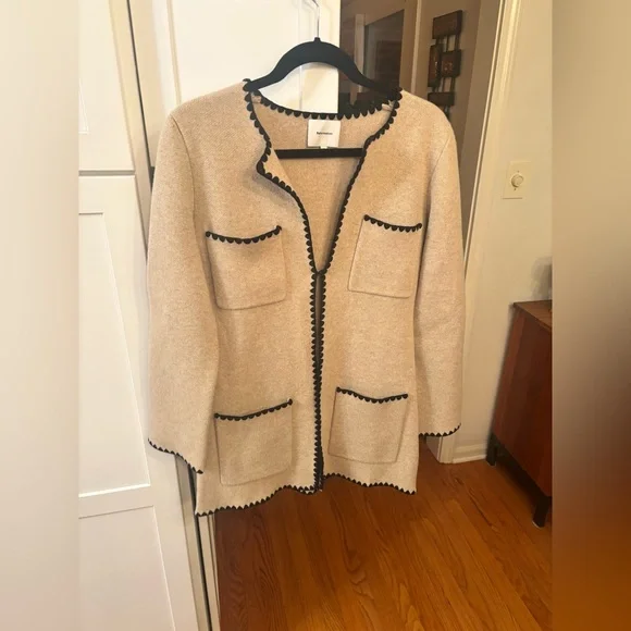 new Reformation Isabelle regenerative wool sweater jacket in linen black  combo